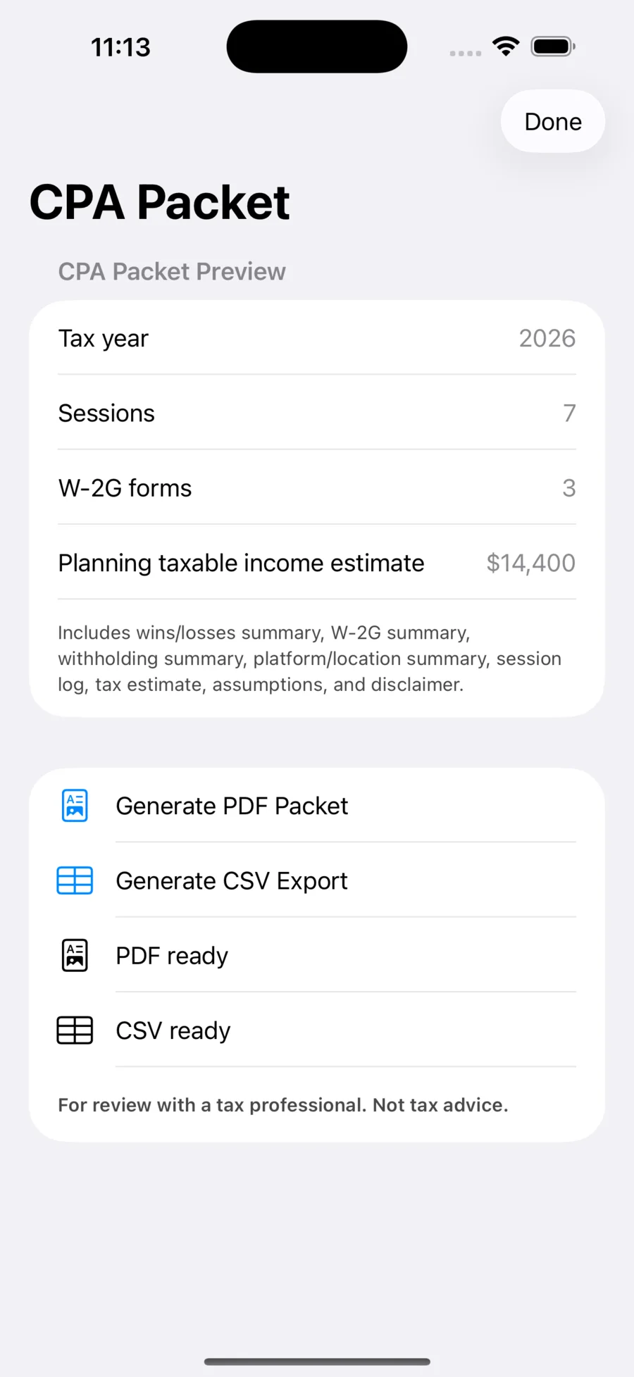BetTax Ledger tax packet export screen