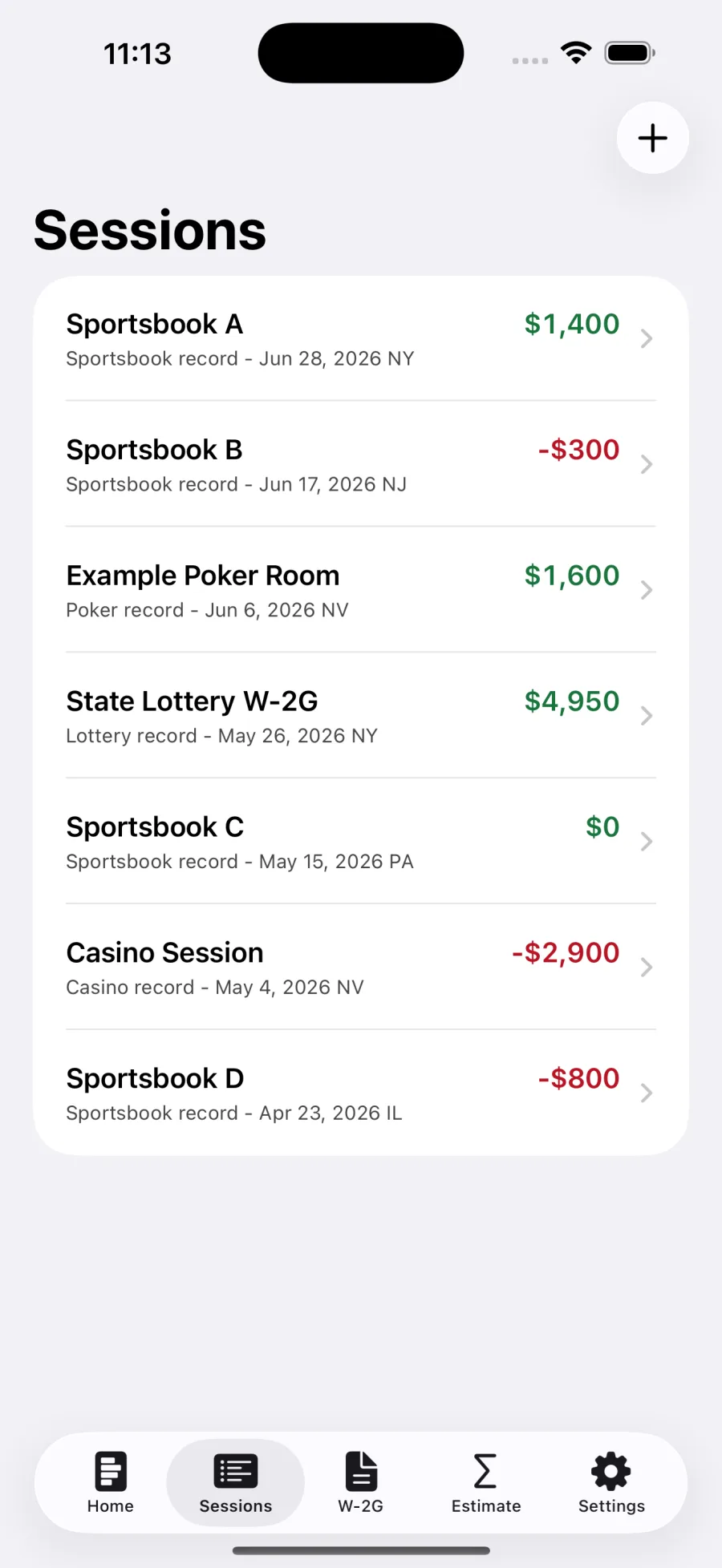 BetTax Ledger session list showing dated gambling records and results