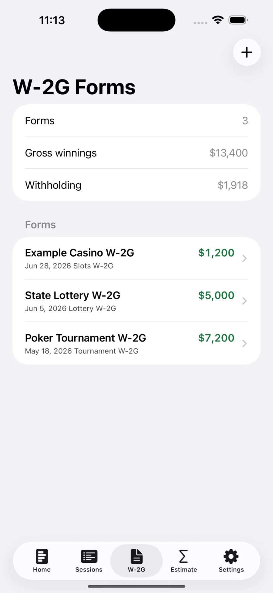 BetTax Ledger W-2G record screen with payer, winnings, and withholding fields